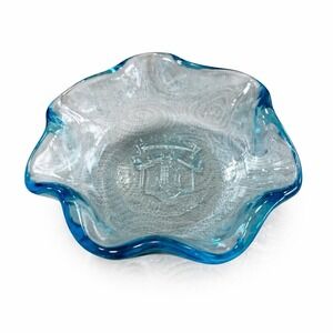 Vintage Brach's Candy Bowl Aqua Blue Rim Glass Advertising Dish 7"embossed